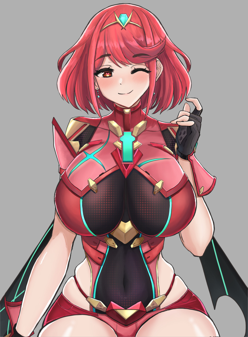 1girl absurdres bangs black_gloves breasts chest_jewel desspie earrings fingerless_gloves gloves heart heart-shaped_pupils highres jewelry large_breasts pyra_(xenoblade) red_eyes red_legwear red_shorts redhead short_hair short_shorts shorts swept_bangs symbol-shaped_pupils thigh-highs tiara xenoblade_chronicles_(series) xenoblade_chronicles_2