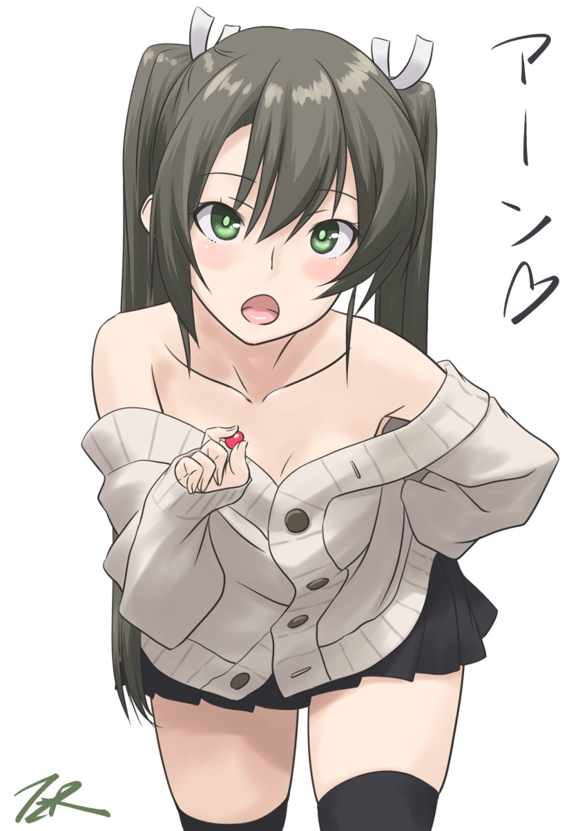 1girl artist_name bare_shoulders black_legwear black_skirt blush breasts buttons commentary eyebrows_visible_through_hair green_eyes green_hair hair_between_eyes highres holding kantai_collection katakana long_hair long_sleeves open_mouth shirt simple_background skirt small_breasts solo t2r thigh-highs twintails white_background white_shirt zuikaku_(kancolle)