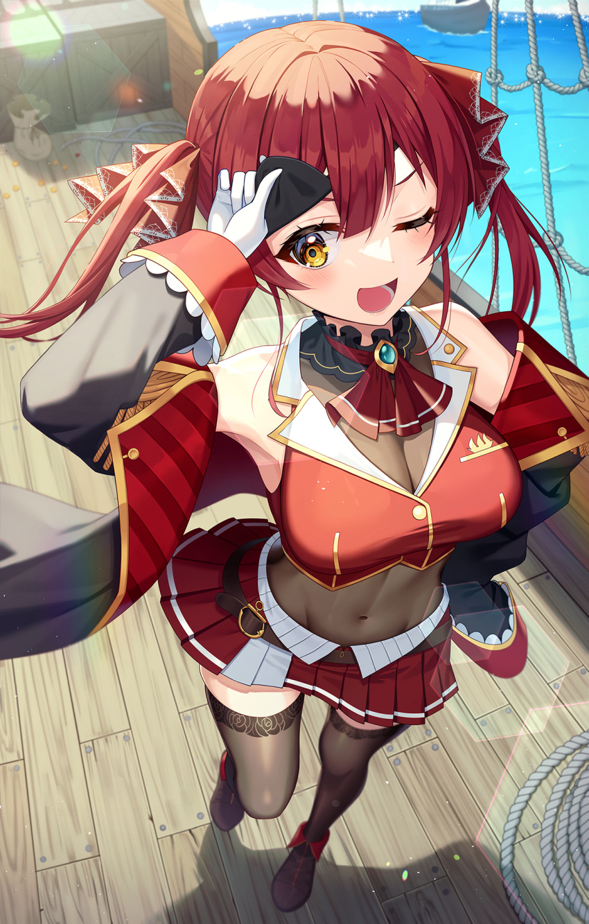 1girl ;d ascot bangs black_coat black_legwear bodystocking breasts brown_footwear coat commentary cropped_jacket day dress eyepatch eyepatch_lift full_body gloves hair_ribbon highres hololive houshou_marine jacket large_breasts long_hair long_sleeves looking_at_viewer miniskirt ocean off_shoulder one_eye_closed open_clothes open_coat open_mouth pine_(angel4195202) pleated_dress red_jacket red_neckwear red_ribbon red_skirt redhead ribbon ship shoes skirt sleeveless sleeveless_jacket smile solo standing symbol-only_commentary thigh-highs twintails virtual_youtuber watercraft white_gloves yellow_eyes