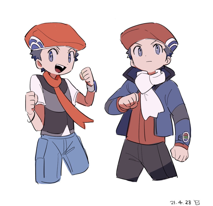 2boys :d clenched_hands closed_mouth commentary_request dated dual_persona grey_eyes hat highres jacket long_sleeves looking_up lucas_(pokemon) male_focus multiple_boys open_clothes open_jacket open_mouth pants petoke pokemon pokemon_(game) pokemon_dppt pokemon_platinum scarf short_hair short_sleeves simple_background smile tongue upper_teeth white_background white_scarf