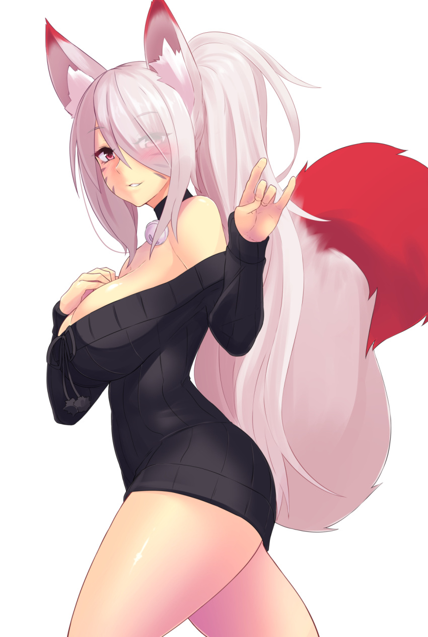 animal_ear_fluff animal_ears bare_shoulders black_sweater breasts commentary commission detached_collar english_commentary eyebrows_visible_through_hair eyes_visible_through_hair facial_mark fox_ears fox_shadow_puppet fox_tail from_side hair_over_one_eye hand_on_own_chest hands_up highres kazu-koto legs_apart long_hair long_sleeves looking_at_viewer medium_breasts off-shoulder_sweater off_shoulder original parted_lips red_eyes standing sweater tail transparent_background very_long_hair whisker_markings white_hair