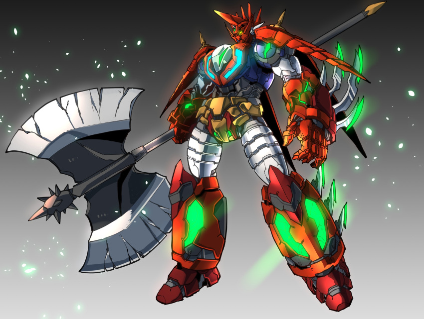 amakawa_mayu axe from_side getter_robo getter_robo_daikessen! glowing glowing_eye highres holding holding_axe light_particles looking_ahead mecha no_humans open_hand science_fiction shin_getter_dragon spikes super_robot yellow_eyes