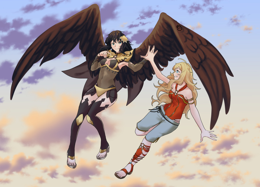 2girls absurdres ahoge bangs black_hair blonde_hair clouds cloudy_sky commission commissioner_upload cosplay costume_switch fire_emblem fire_emblem:_radiant_dawn fire_emblem_fates flying highres long_hair moccha_kofii multiple_girls ophelia_(fire_emblem) ophelia_(fire_emblem)_(cosplay) sky vika_(fire_emblem) vika_(fire_emblem)_(cosplay) wings