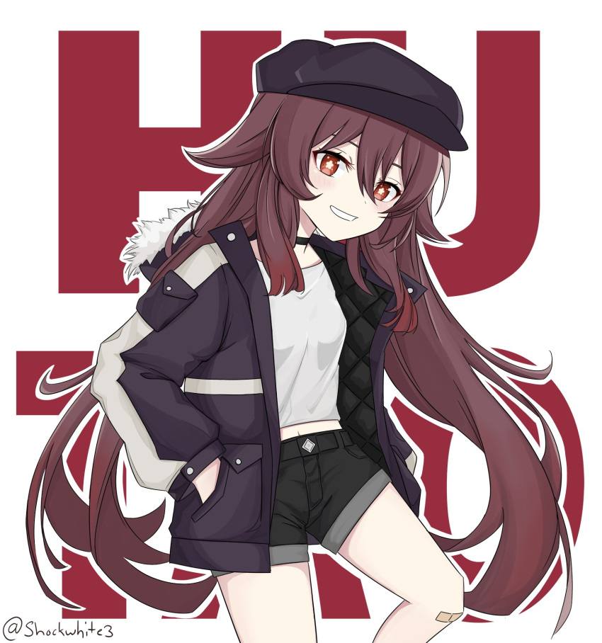 1girl :d alternate_costume bandaid bandaid_on_knee bangs belt black_pants brown_hair cabbie_hat casual character_name commentary contemporary english_commentary eyebrows_visible_through_hair fur-trimmed_jacket fur_trim genshin_impact hair_between_eyes hand_in_pocket hat highres hood hooded_jacket hu_tao_(genshin_impact) jacket long_hair long_sleeves looking_at_viewer navel open_mouth pants pocket red_eyes shirt shockwhite3 short_shorts shorts sidelocks simple_background smile solo symbol-shaped_pupils twintails white_background white_shirt