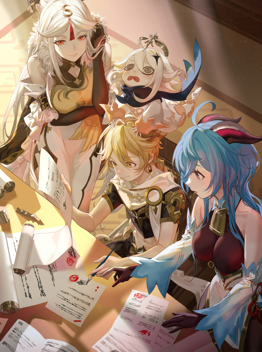 1boy 3girls @_@ aether_(genshin_impact) ahoge bangs bare_shoulders bell black_gloves blonde_hair blue_hair blush bodystocking breasts china_dress chinese_clothes desk detached_sleeves dress elbow_gloves fur_collar ganyu_(genshin_impact) genshin_impact gloves hair_ornament hairpin halo highres horns large_breasts long_hair multiple_girls ningguang_(genshin_impact) paimon_(genshin_impact) paper parted_bangs red_eyes salmon88 scroll sidelocks smile tassel two-tone_dress violet_eyes white_dress white_hair yellow_dress yellow_eyes