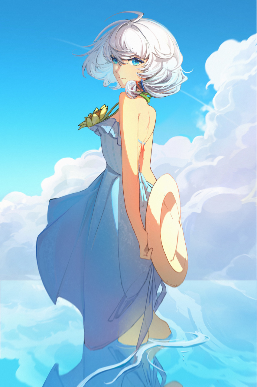 1girl absurdres bangs blue_dress blue_eyes blue_sky closed_mouth clouds cloudy_sky commentary dress flower hair_between_eyes hat highres holding holding_clothes holding_hat honkai_(series) honkai_impact_3rd kido_p looking_at_viewer looking_back medium_hair ocean outdoors sky sleeveless sleeveless_dress smile straw_hat summer summer_uniform sundress sunflower swimsuit theresa_apocalypse theresa_apocalypse_(valkyrie_pledge) twintails wading white_hair