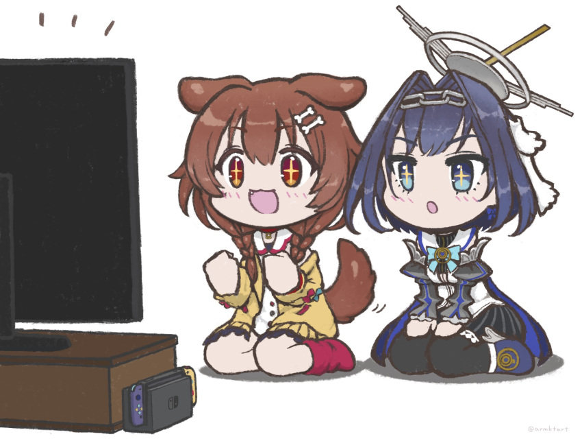 2girls animal_ears blue_eyes blue_hair bone_hair_ornament braid brown_eyes brown_hair dog_ears dog_tail fang flat_screen_tv gestart333 hair_ornament highres hololive hololive_english inugami_korone mechanical_halo multiple_girls nintendo_switch ouro_kronii sitting sparkling_eyes tail thigh-highs twin_braids twitter_username virtual_youtuber wariza watching_television white_background