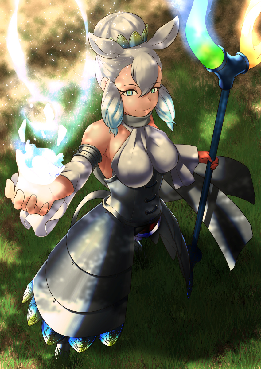 1girl absurdres animal_ears armor armored_boots armored_dress bare_shoulders blue_eyes blue_hair boots breasts closed_mouth crown dappled_sunlight day detached_sleeves empty_eyes energy extra_ears eyebrows_visible_through_hair full_body green_eyes grey_hair hair_between_eyes hair_bun highres holding holding_staff kawanami_eito kemono_friends medium_hair multicolored multicolored_eyes multicolored_hair outdoors paraceratherium_(kemono_friends) rhinoceros_ears sidelocks smile solo staff standing sunlight tail two-tone_hair