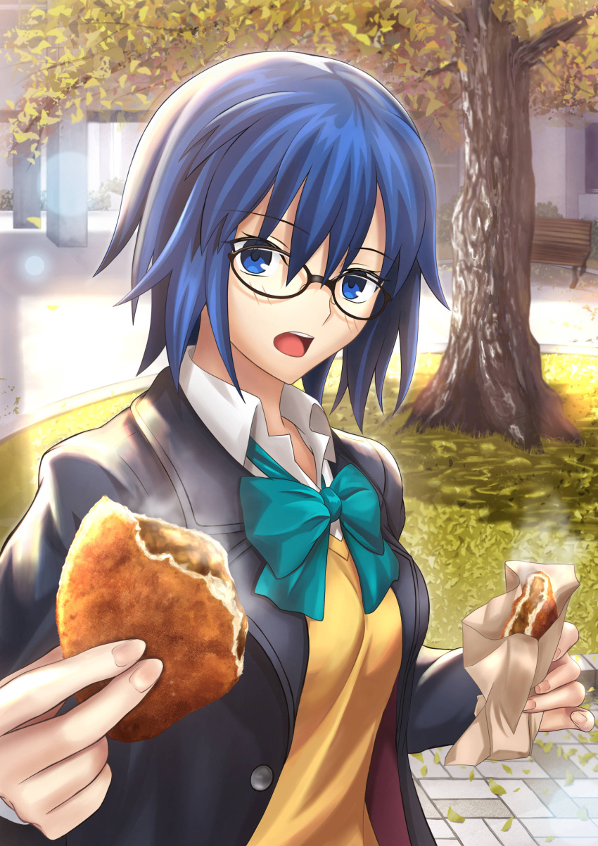 1girl absurdres bag bangs black-framed_eyewear black_jacket blue_eyes blue_hair blush bow bowtie bread breasts buttons ciel_(tsukihime) collared_shirt curry_bread day eyebrows_visible_through_hair fingernails food giving glasses green_bow green_neckwear hair_between_eyes harukey highres holding holding_food incoming_food jacket long_sleeves looking_at_viewer medium_breasts open_clothes open_jacket open_mouth outdoors paper_bag school_uniform shirt short_hair solo steam tree tsukihime tsukihime_(remake) uniform upper_body upper_teeth vest white_shirt yellow_vest