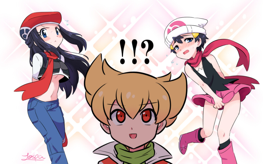 !? 1girl 2boys :d bangs bano_akira barry_(pokemon) beanie black_hair black_legwear black_shirt blonde_hair blush boots commentary_request cosplay costume_switch crossdressing hikari_(pokemon) flying_sweatdrops green_scarf hat jacket kneehighs knees long_hair lucas_(pokemon) multiple_boys no_bra open_mouth orange_eyes pants pokemon pokemon_(game) pokemon_dppt scarf shirt shoes short_hair short_sleeves sidelocks skirt sleeveless sleeveless_shirt smile tongue white_headwear