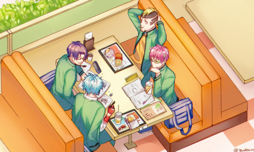 4boys bandages blonde_hair cleft_chin facial_hair fast_food glasses headgear kaidou_shun kuboyasu_aren light_blue_hair mcdonald's mohawk multiple_boys mustache nendou_riki pink_hair pirika_(rm0315) purple_hair saiki_kusuo saiki_kusuo_no_psi_nan scar scar_across_eye school_uniform sunglasses