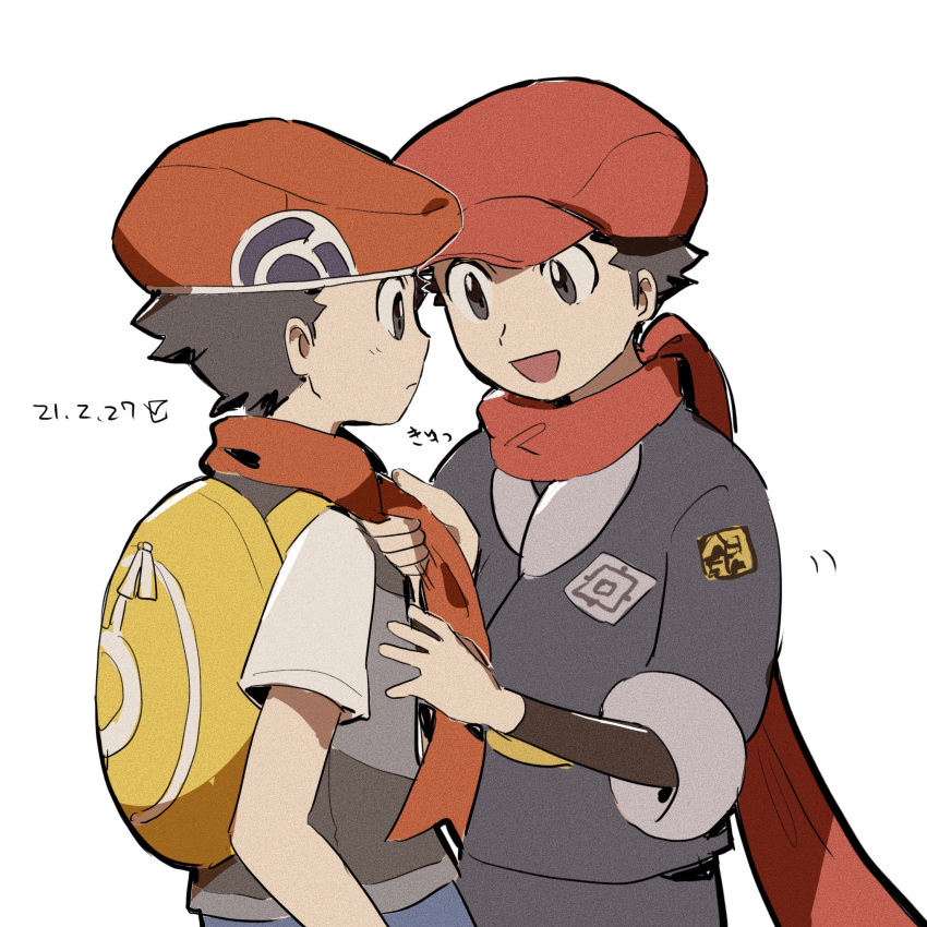 2boys :d adjusting_neckwear backpack bag closed_mouth commentary_request dated grey_jacket grey_pants hat highres jacket lucas_(pokemon) male_focus multiple_boys open_mouth pants petoke pokemon pokemon_(game) pokemon_dppt pokemon_legends:_arceus rei_(pokemon) scarf short_hair short_sleeves simple_background smile undershirt white_background yellow_bag zipper_pull_tab