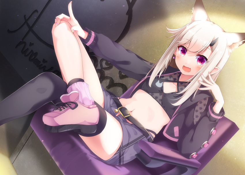 1girl :d animal_ear_fluff animal_ears animare armchair asymmetrical_legwear black_legwear black_panties breasts chair cropped_jacket extra_ears fang fox_ears fox_girl highres long_sleeves medium_hair navel open_clothes open_fly open_mouth open_shorts panties pink_footwear pointy_ears sch shiromiya_mimi short_shorts shorts silver_hair single_thighhigh sitting skin_fang small_breasts smile stomach thigh-highs unbuttoned_shorts underwear uneven_legwear violet_eyes virtual_youtuber