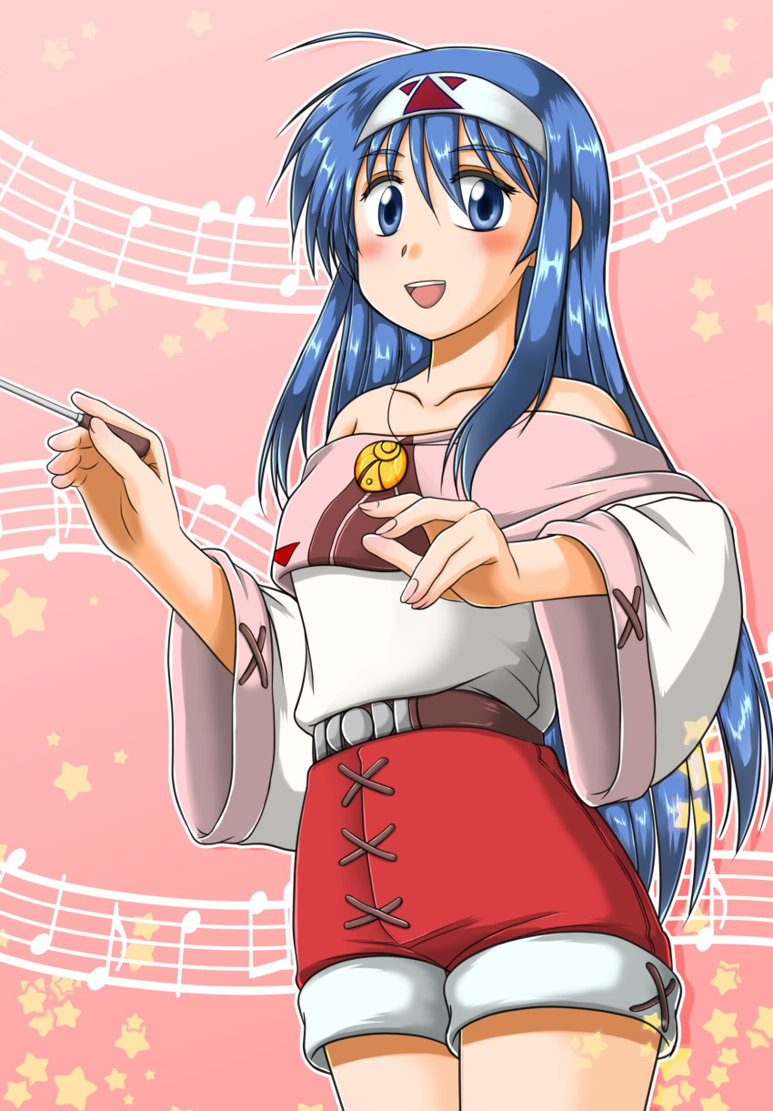 1girl absurdres belt blue_eyes blue_hair blush hairband highres jewelry long_hair looking_at_viewer lucia_(lunar) lunar lunar_2:_eternal_blue motomiya_ryou musical_note necklace open_mouth shorts smile solo
