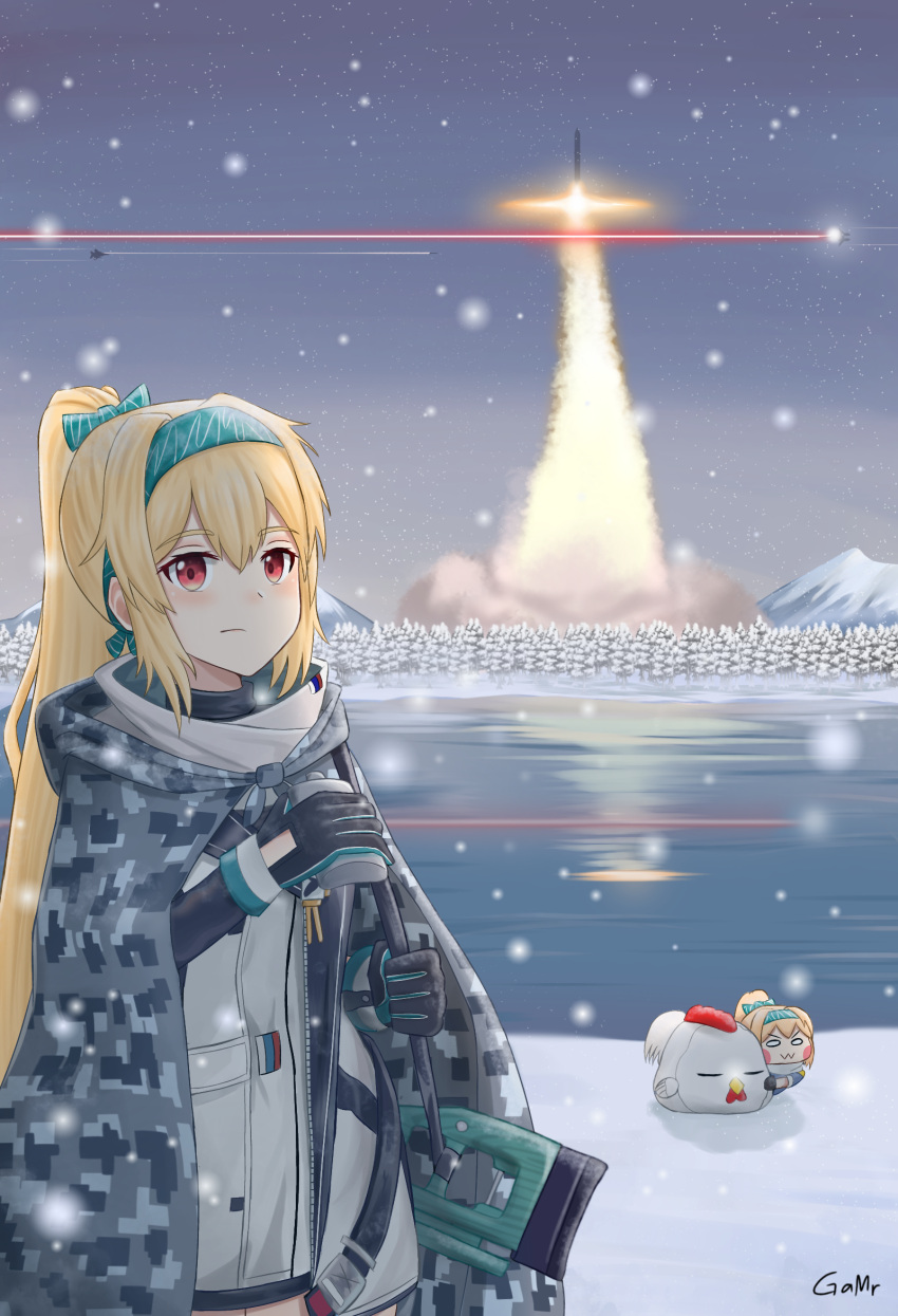 1girl artist_name bird black_gloves blonde_hair blush bow camouflage_cloak chibi chicken closed_mouth eyebrows_visible_through_hair feet_out_of_frame gamryous girls_frontline gloves green_bow green_hairband gun hair_bow hairband highres holding holding_weapon jacket liftoff long_hair looking_at_viewer ponytail red_eyes rifle rifle_on_back rocket russian_flag scenery snowflake_background solo standing sv-98 sv-98_(girls'_frontline) weapon white_jacket winter