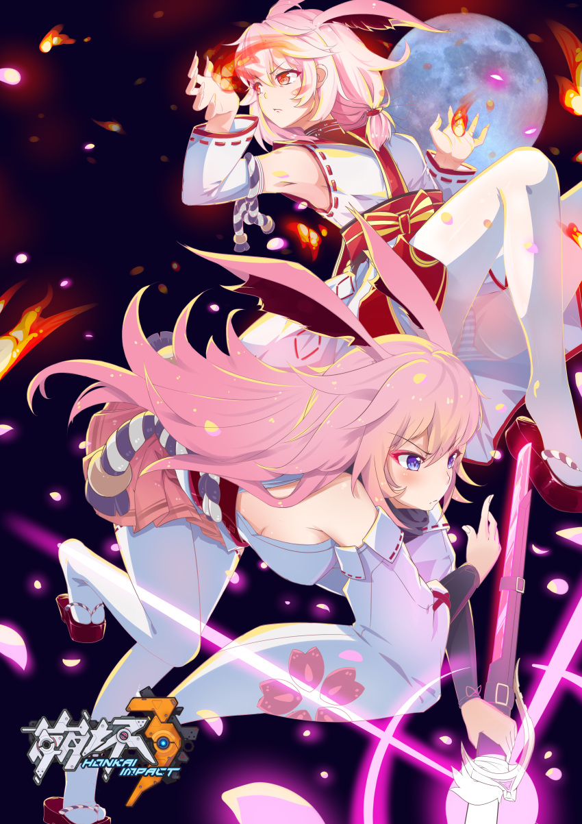 2girls absurdres animal_ears armpits bangs bare_shoulders bisaana closed_mouth fire flip-flops fox_ears full_body hair_between_eyes highres holding holding_sword holding_weapon honkai_(series) honkai_impact_3rd japanese_clothes katana kimono long_hair moon multiple_girls night night_sky outdoors panties pink_hair pink_skirt red_eyes sandals sheath sheathed side_ponytail skirt sky striped striped_panties sword theresa_apocalypse theresa_apocalypse_(sakura_rondo) thigh-highs underwear v-shaped_eyebrows violet_eyes weapon white_kimono white_legwear white_panties white_sleeves yae_sakura yae_sakura_(gyakushinn_miko)