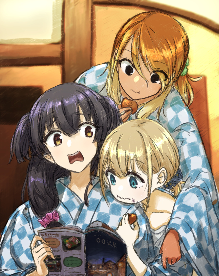 3girls bangs black_hair blonde_hair blue_eyes blunt_bangs brown_eyes brown_hair checkered checkered_kimono collarbone cookie eating food food_on_face gradient_hair gyaru head_on_another's_shoulder highres humanplushq idolmaster idolmaster_shiny_colors indoors izumi_mei japanese_clothes kimono long_hair mayuzumi_fuyuko multicolored_hair multiple_girls onsen onsen_symbol pamphlet reading scrunchie serizawa_asahi short_hair silver_hair straylight_(idolmaster) tan two_side_up upper_teeth wavy_mouth