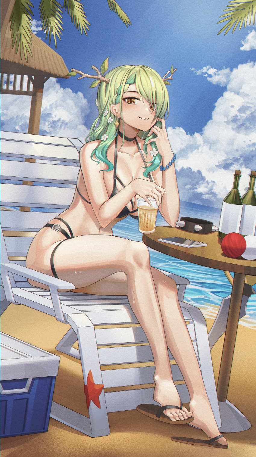 1girl absurdres alcohol beach bead_bracelet beads bikini black_bikini blue_sky bottle bracelet breasts brown_eyes ceres_fauna chair clouds cup day drinking_glass full_body goback highres holding holding_cup hololive hololive_english jewelry large_breasts looking_at_viewer mole mole_under_eye ocean on_chair outdoors sandals short_hair sitting sky smile solo sweat swimsuit virtual_youtuber