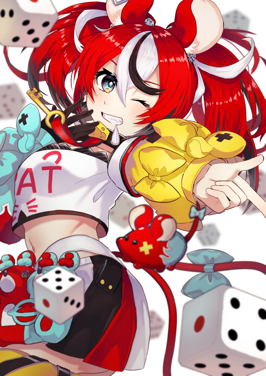 1girl absurdres animal_ears bow cheese collar food hakos_baelz highres hololive hololive_english key_necklace mouse_ears mouse_girl mouse_tail mousetrap mr._squeaks_(hakos_baelz) simple_background spiked_collar spikes tail tail_bow tail_ornament vermicelli virtual_youtuber white_background