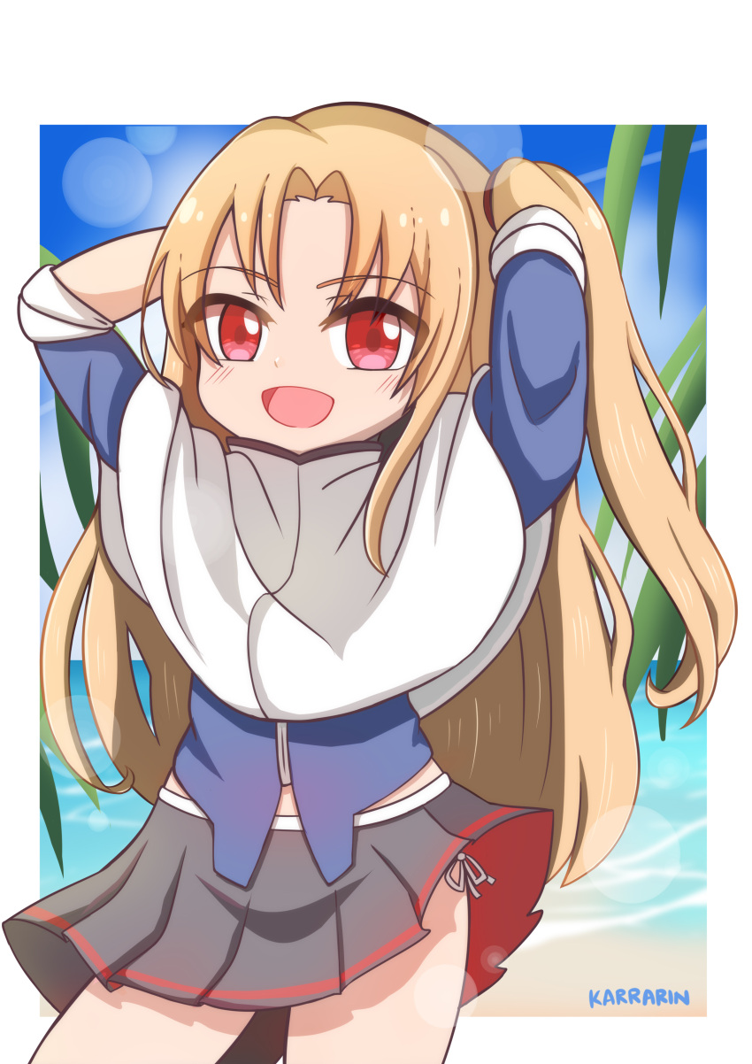 1girl :d absurdres adjusting_hair arms_behind_head azur_lane bangs beach black_skirt blonde_hair blue_sky blurry capelet cleveland_(azur_lane) commentary_request depth_of_field eyebrows_visible_through_hair eyes_visible_through_hair highres horizon karrarin long_hair long_sleeves looking_at_viewer ocean one_side_up open_mouth panties pleated_skirt pose red_eyes side-tie_panties sidelocks skirt sky smile solo underwear