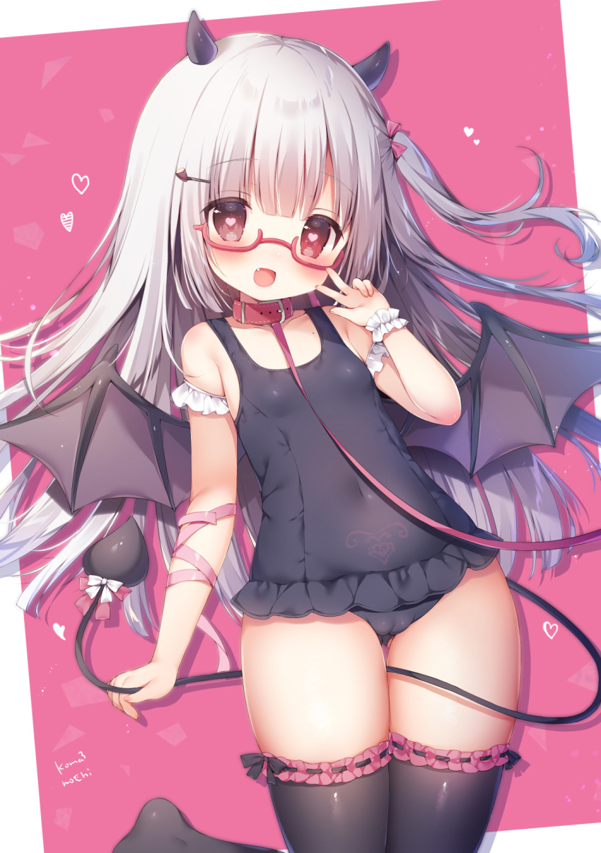 1girl arm_up ass_visible_through_thighs black_legwear blue_swimsuit collar demon_girl demon_horns demon_tail demon_wings fang glasses hair_ornament hairclip highres horns leash leg_up long_hair momozu_komamochi one-piece_swimsuit open_mouth original pubic_tattoo red_eyes ribbon school_swimsuit semi-rimless_eyewear side_ponytail silver_hair smile solo standing standing_on_one_leg swimsuit tail tattoo thigh-highs thigh_gap thighs v wings