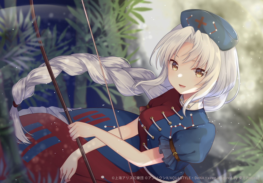 1girl arrow_(projectile) asymmetrical_clothes bagua bamboo bamboo_forest bangs bow_(weapon) braid braided_ponytail constellation_print dress forest frilled_dress frills gomano_rio hat highres long_hair looking_at_viewer looking_to_the_side moon nature nurse_cap open_mouth puffy_short_sleeves puffy_sleeves short_sleeves silver_hair solo touhou touhou_danmaku_kagura trigram weapon yagokoro_eirin yellow_eyes
