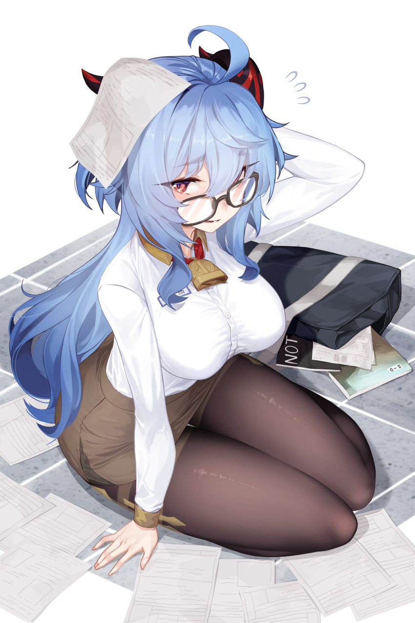 1girl absurdres ahoge alternate_costume arm_up bangs bell bespectacled black-framed_eyewear blue_hair book breasts brown_legwear brown_skirt collared_shirt commentary_request dev_(dev0614) dress_shirt flying_sweatdrops full_body ganyu_(genshin_impact) genshin_impact glasses hair_between_eyes highres horns impossible_clothes impossible_shirt large_breasts long_sleeves neck_bell office_lady open_bag pantyhose paper_on_head parted_lips pencil_skirt red_eyes shirt simple_background sitting skirt solo thigh_gap thighs white_background yokozuwari