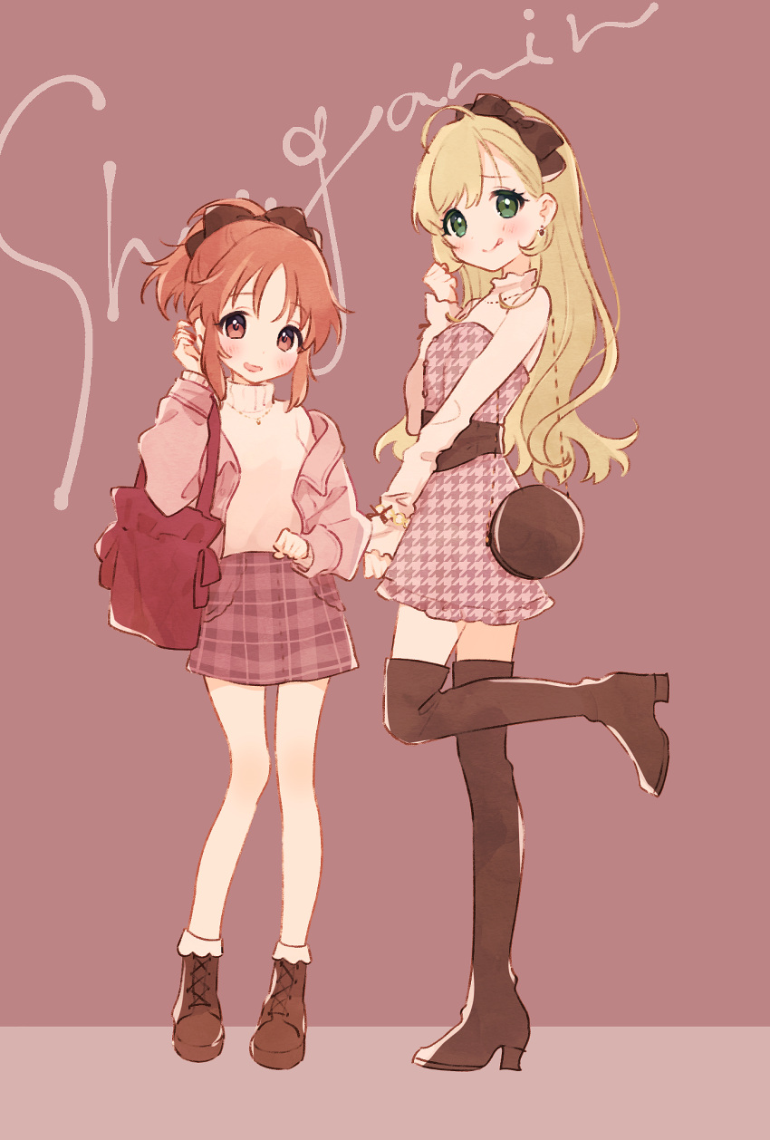 2girls :q abe_nana ahoge alternate_costume bag bare_legs blonde_hair blush boots bow hair_bow handbag highres idolmaster idolmaster_cinderella_girls jewelry looking_at_viewer mameyanagi multiple_girls nail_polish necklace orange_hair patterned_clothing pink_clothes plaid plaid_skirt platform_boots ponytail satou_shin simple_background skirt standing standing_on_one_leg thigh-highs thigh_boots tongue tongue_out zettai_ryouiki