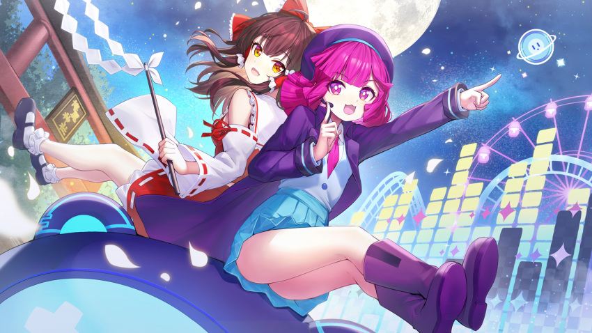 2girls :d back-to-back beret black_footwear blue_skirt bobby_socks boots bow brown_hair burou_(muse_dash) collared_shirt commentary_request crossover detached_sleeves fang frilled_sailor_collar frills full_moon gohei hair_bow hakurei_reimu hat headset holding jacket long_hair long_sleeves looking_at_viewer looking_back moon multiple_girls muse_dash necktie open_clothes open_jacket open_mouth outdoors outstretched_arm pink_neckwear pleated_skirt pointing purple_footwear purple_hair purple_headwear purple_jacket red_bow red_eyes red_shirt red_skirt ribbon-trimmed_sleeves ribbon_trim ririko_(zhuoyandesailaer) sailor_collar shirt shoe_soles shoes sitting skirt sleeveless sleeveless_shirt smile socks torii touhou vest violet_eyes white_legwear white_sailor_collar white_shirt white_sleeves white_vest wide_sleeves
