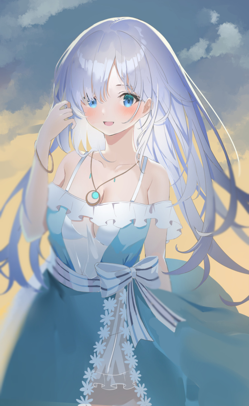 1girl anastasia_(fate) anastasia_(swimsuit_archer)_(fate) bangs bare_shoulders blue_dress blue_eyes blue_sky blush bracelet breasts collarbone dress earrings fate/grand_order fate_(series) gradient_sky hair_over_one_eye highres jewelry large_breasts long_hair looking_at_viewer necklace open_mouth pendant silver_hair sky smile solo tsukise_miwa very_long_hair yellow_sky