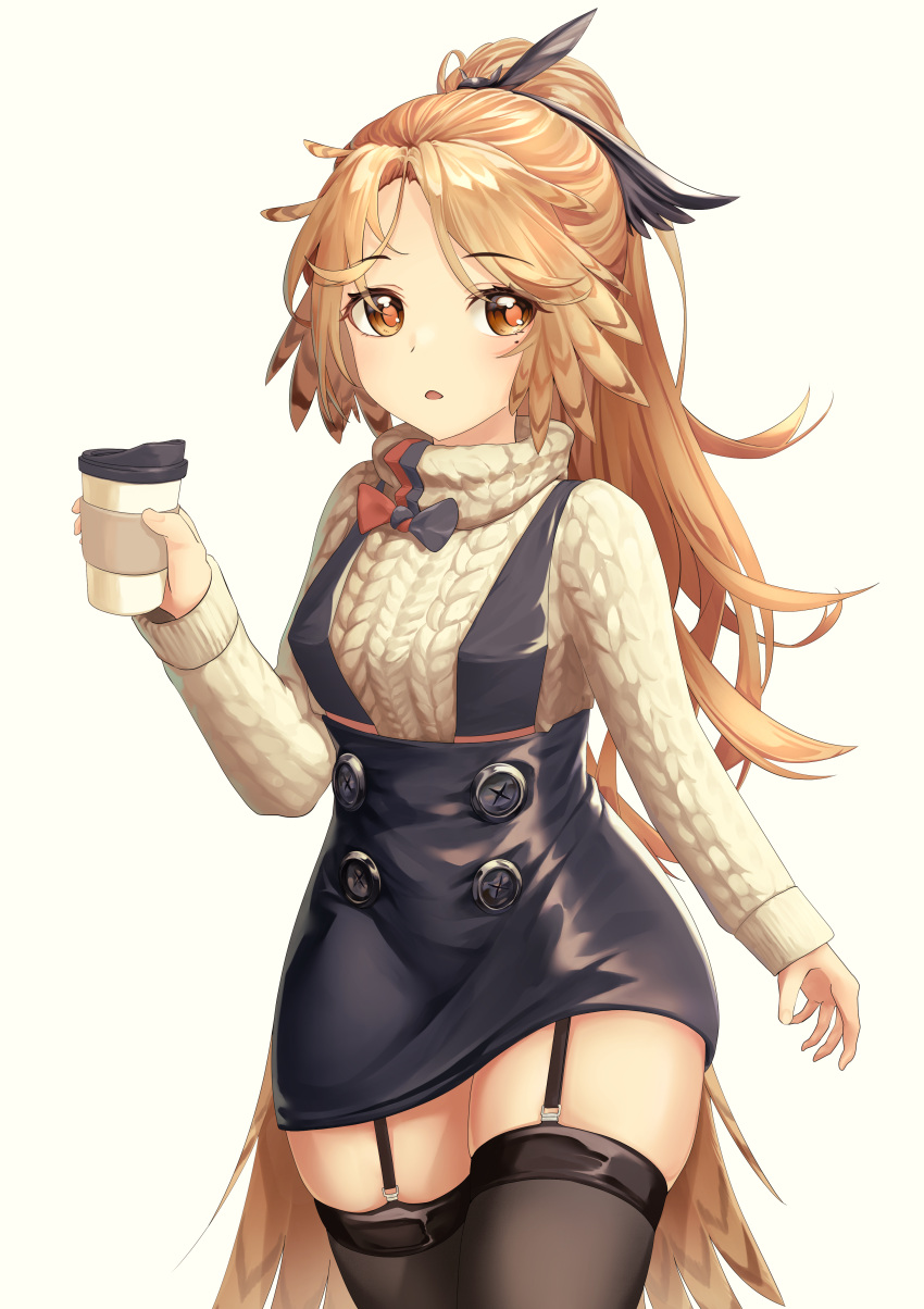 1girl absurdres aran_sweater arknights beige_sweater black_legwear blue_skirt brown_eyes brown_hair coffee_cup commentary cowboy_shot cup disposable_cup eyebrows_visible_through_hair feather_hair garter_straps highres holding holding_cup killizard long_hair long_sleeves looking_at_viewer mole mole_under_eye orange_pupils parted_lips pinecone_(arknights) ponytail simple_background skindentation skirt solo suspender_skirt suspenders sweater thigh-highs very_long_hair white_background