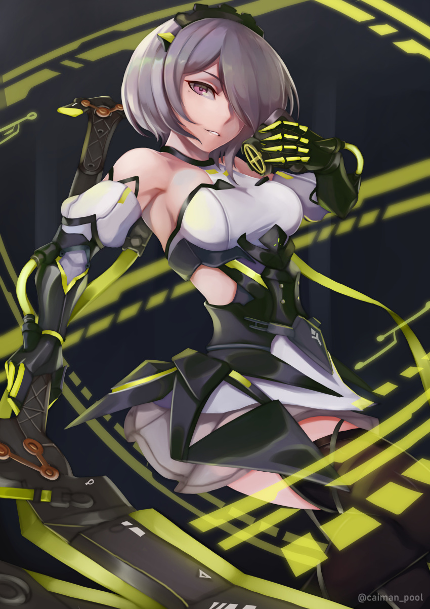 1girl absurdres bangs bare_shoulders black_gloves brown_hair brown_legwear caiman_pool elbow_gloves gas_mask gloves grin hair_ornament hair_over_one_eye highres holding holding_mask holding_weapon honkai_(series) honkai_impact_3rd looking_at_viewer mask mole mole_under_eye open_mouth rita_rossweisse rita_rossweisse_(phantom_iron) scythe short_hair smile solo teeth thigh-highs violet_eyes weapon