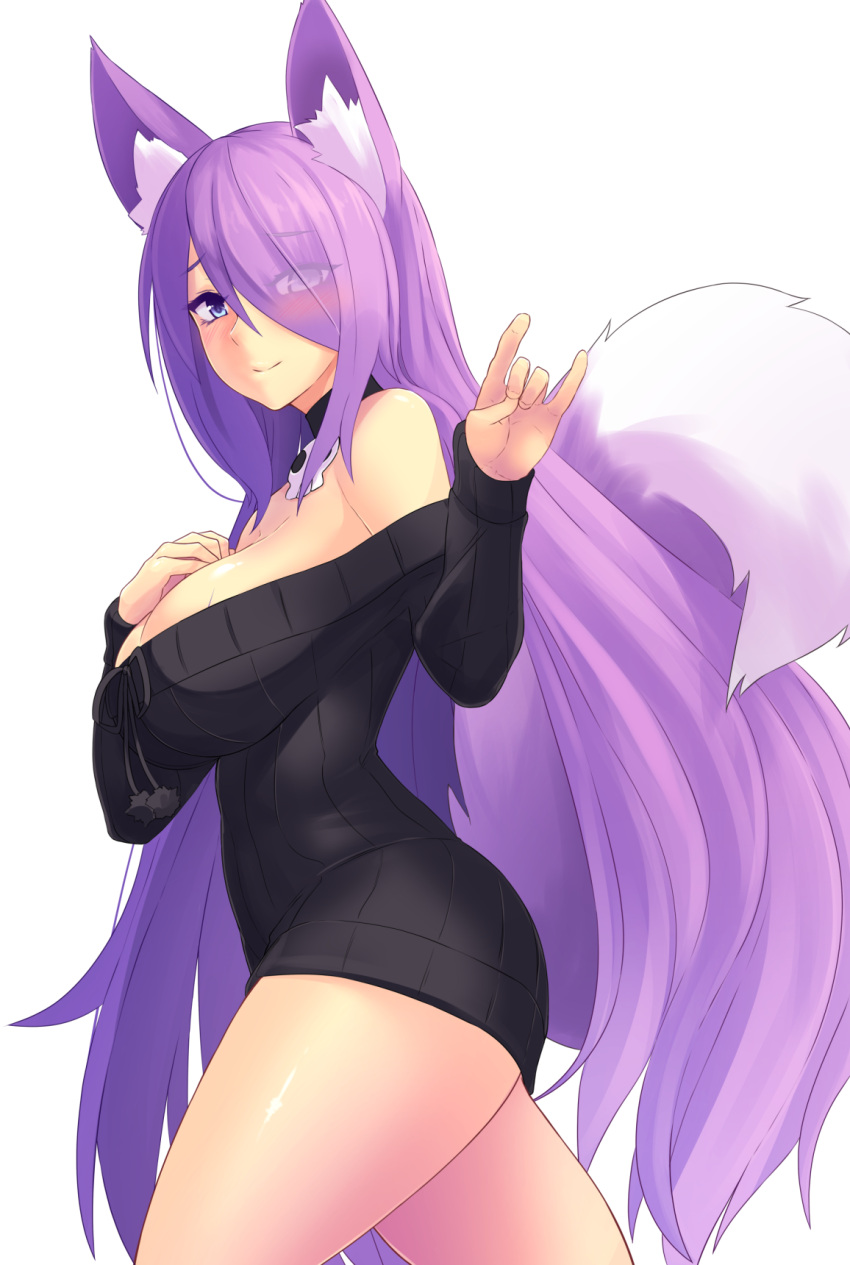 animal_ear_fluff animal_ears bare_shoulders black_sweater blue_eyes breasts closed_mouth commentary commission detached_collar english_commentary eyebrows_visible_through_hair eyes_visible_through_hair fox_ears fox_shadow_puppet fox_tail from_side hair_over_one_eye hand_on_own_chest hands_up highres kazu-koto legs_up long_hair long_sleeves looking_at_viewer medium_breasts off-shoulder_sweater off_shoulder original purple_hair smile standing sweater tail transparent_background very_long_hair