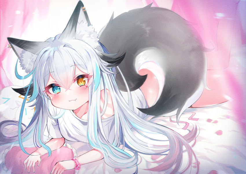 1girl :3 animal_ear_fluff animal_ears aqua_eyes aqua_hair black_tail dog_ears dog_girl dog_tail erufwa eyebrows_visible_through_hair fang fang_out heterochromia highres indie_virtual_youtuber long_hair looking_at_viewer lying multicolored_hair naked_shirt off_shoulder on_bed on_stomach shiroi_kuon shirt tail virtual_youtuber white_hair yellow_eyes