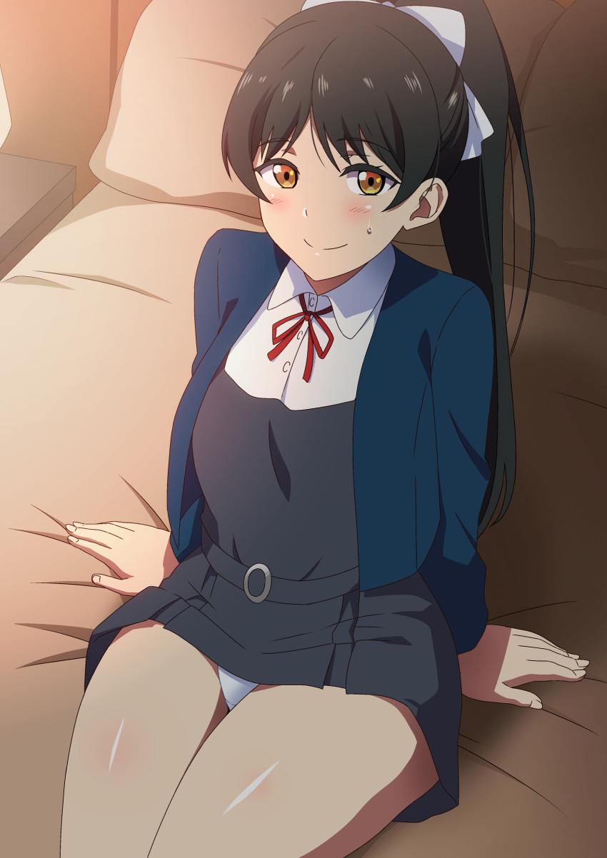 1girl arm_support arms_behind_back bangs bed belt black_hair blue_jacket blush bow buttons closed_mouth clothes_lift collared_shirt commentary_request cowboy_shot dress dress_lift eyebrows_visible_through_hair grey_belt grey_dress hair_bow hara_(harayutaka) hazuki_ren high_ponytail highres indoors jacket lamp long_hair long_sleeves looking_at_viewer love_live! love_live!_superstar!! neck_ribbon on_bed open_clothes open_jacket panties pillow pleated_dress ponytail red_neckwear red_ribbon ribbon school_uniform shirt sitting smile solo sweatdrop underwear white_bow white_panties white_shirt yellow_eyes yuigaoka_school_uniform