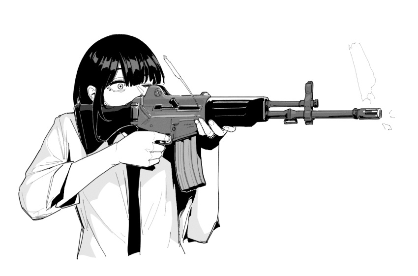 1girl aiming assault_rifle daewoo_k2 female_commander_(girls'_frontline) finger_on_trigger firing girls_frontline greyscale gun holding holding_gun holding_weapon huqu long_sleeves monochrome necktie one_eye_closed rifle shirt simple_background solo upper_body weapon white_background wide-eyed