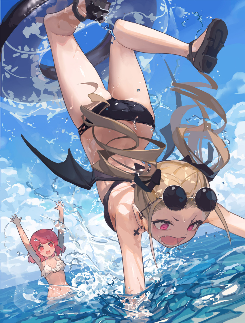 2girls arms_up ass bikini black_bikini black_footwear black_ribbon black_wings blonde_hair blue_sky breasts clouds day dutch_angle ear_piercing frilled_bikini frills hair_ribbon highres innertube long_hair lower_teeth madaragi medium_breasts midair multiple_girls navel ocean open_mouth original outdoors partially_submerged piercing pink_eyes pink_hair pointy_ears ribbon sandals short_hair sky splashing swimsuit twintails upside-down v-shaped_eyebrows water white_bikini wings