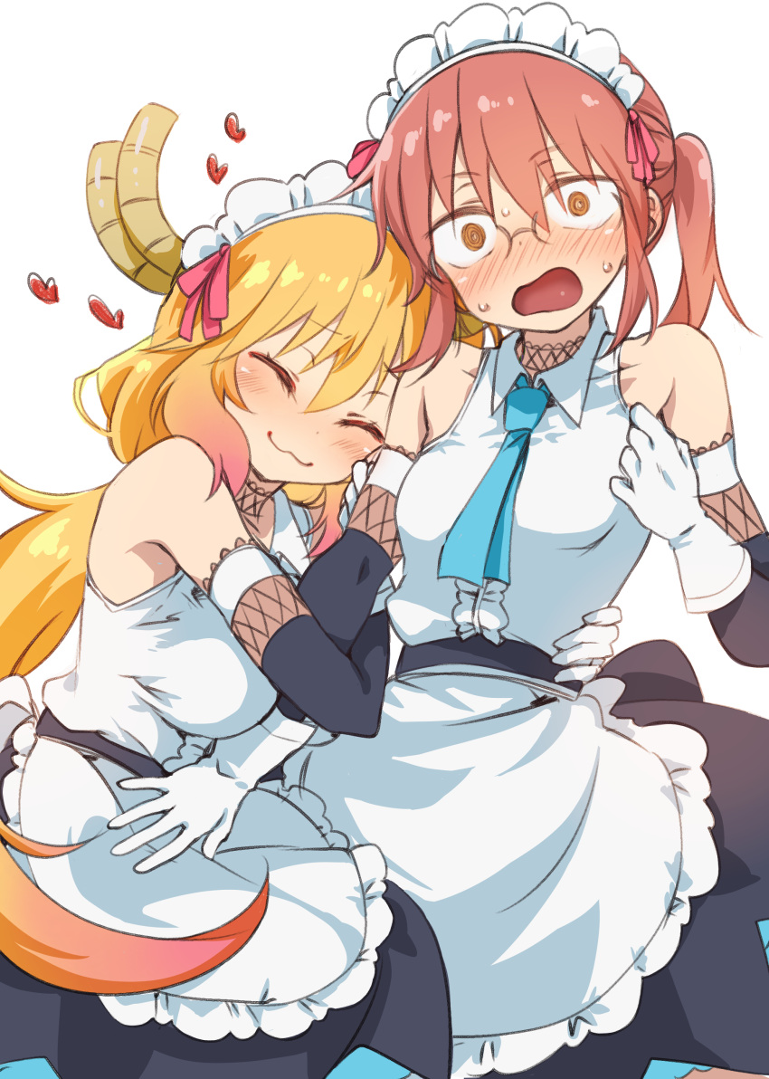 2girls @_@ ^_^ absurdres apron bangs bare_shoulders blonde_hair blue_neckwear blush choker closed_eyes collared_dress commentary cowboy_shot detached_sleeves dragon_horns flustered frilled_apron frills glasses gloves hand_on_another's_waist heart highres horns kobayashi-san_chi_no_maidragon kobayashi_(maidragon) kobayashi_sun_(artist) lace lace_choker locked_arms long_hair maid maid_apron multiple_girls necktie open_mouth ponytail redhead short_hair simple_background smile sweatdrop tohru_(maidragon) twintails white_apron white_background white_gloves yuri