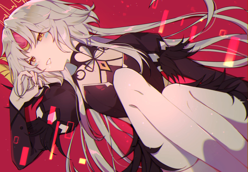 1girl adjusting_hair android artist_request bangs black_dress black_feathers breasts code:_antithese_(elsword) commentary crown dark_persona dress electricity elsword english_commentary eve_(elsword) eyes_visible_through_hair facial_mark feather_trim feathers fingernails forehead_jewel grin half-closed_eyes hand_in_hair highres jewelry juliet_sleeves long_hair long_sleeves looking_at_viewer looking_down puffy_sleeves rectangle red_background robot silver_hair sitting small_breasts smile solo teeth thighs wavy_hair white_legwear yellow_eyes
