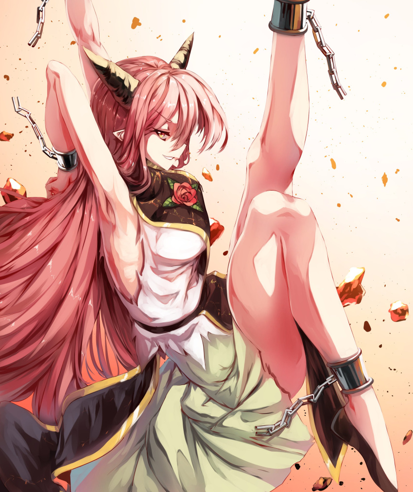 1girl absurdres arm_up armpits bangs chain commentary_request cuffs eyebrows_visible_through_hair flower full_body gold_trim green_skirt hair_between_eyes highres horns ibaraki_douji_(touhou) leg_up light_smile long_hair looking_at_viewer oni_horns pink_eyes pink_flower pink_hair pink_rose pointy_ears rock rose shackles shoes simple_background skirt solo sunyup tabard thighs torn_clothes torn_sleeves touhou v-shaped_eyebrows vine_print