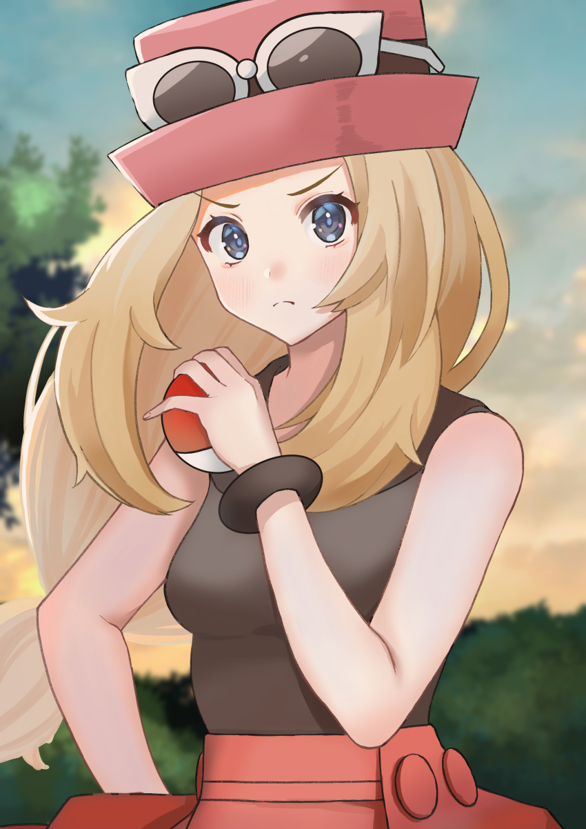 1girl absurdres blonde_hair blush bracelet breasts closed_mouth clouds collared_shirt commentary_request eyelashes eyewear_on_headwear frown grey_eyes hand_up hat highres holding holding_poke_ball jewelry long_hair looking_at_viewer okuro_zmzm outdoors poke_ball poke_ball_(basic) pokemon pokemon_(game) pokemon_xy serena_(pokemon) shirt skirt sky sleeveless sleeveless_shirt solo sunglasses