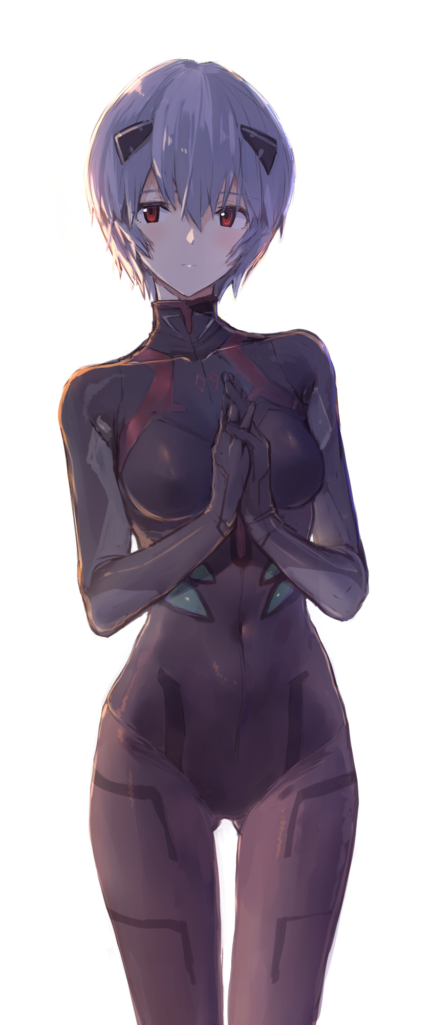 1girl absurdres akasaai ayanami_rei blue_hair bodysuit breasts closed_mouth commentary_request evangelion:_3.0_you_can_(not)_redo highres looking_at_viewer medium_breasts neon_genesis_evangelion own_hands_together plugsuit rebuild_of_evangelion red_eyes revision short_hair simple_background solo standing thigh_gap white_background