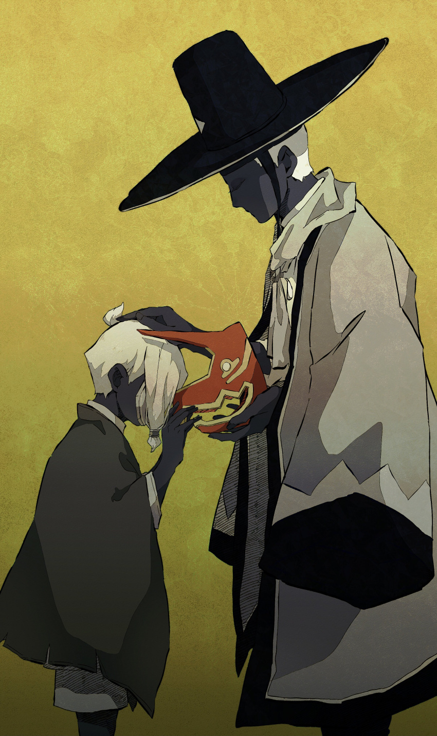 absurdres dancing_performer dark_skin from_side grey_hair hand_on_another's_head hat highres mask mask_removed original_(sky:_children_of_the_light) overcoat_cape short_hair si_zny sky:_children_of_the_light sky_child tied_hair yellow_background