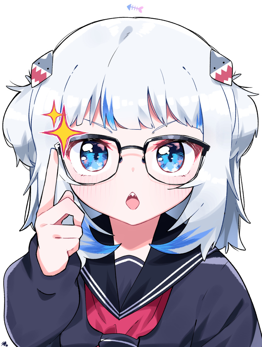 1girl bespectacled black-framed_eyewear black_sailor_collar black_shirt blue_eyes blue_hair blush commentary english_commentary fish_skeleton gawr_gura glasses hair_ornament hand_up highres hololive hololive_english index_finger_raised long_hair long_sleeves looking_at_viewer multicolored_hair open_mouth puffy_long_sleeves puffy_sleeves red_neckwear sailor_collar sharp_teeth shirt silver_hair simple_background sleeves_past_wrists solo streaked_hair teeth tosyeo two_side_up upper_body v-shaped_eyebrows virtual_youtuber white_background