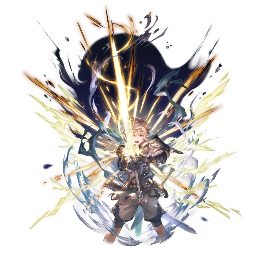 1boy armor arthur_(granblue_fantasy) blonde_hair energy_sword full_body granblue_fantasy greaves holding holding_sword holding_weapon looking_at_viewer male_focus minaba_hideo official_art order_of_the_white_dragon_uniform red_eyes shorts solo sword transparent_background weapon