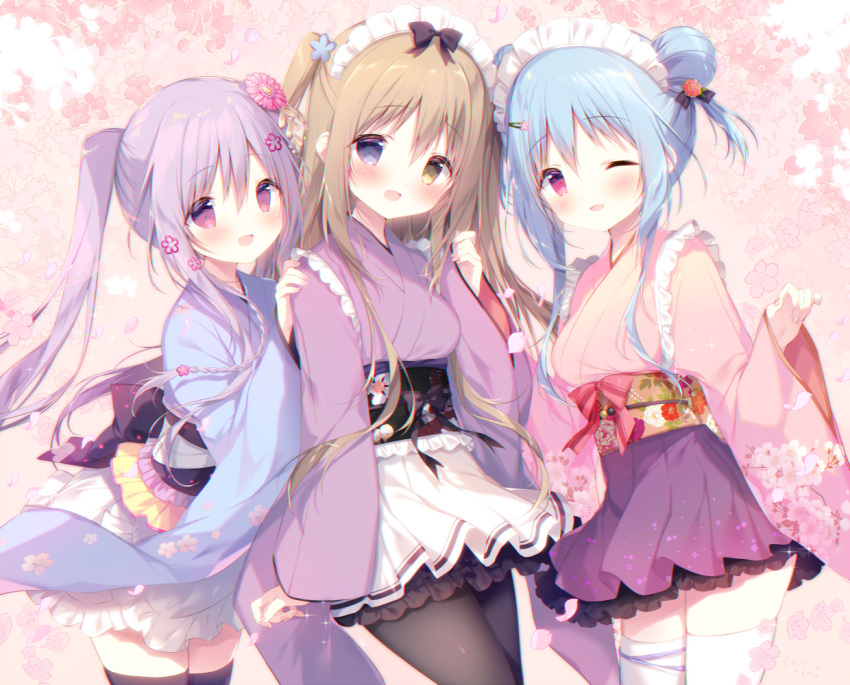 3girls :d ;d bangs black_legwear blue_eyes blue_hair blue_kimono blush brown_eyes brown_hair commentary_request eyebrows_visible_through_hair floral_background hair_between_eyes hand_on_another's_shoulder heterochromia japanese_clothes kimono long_hair long_sleeves multiple_girls obi one_eye_closed open_mouth original pantyhose pink_kimono pleated_skirt purple_hair purple_kimono purple_skirt red_eyes sash shiratama_(shiratamaco) skirt sleeves_past_wrists smile thigh-highs twintails very_long_hair wa_maid white_legwear wide_sleeves