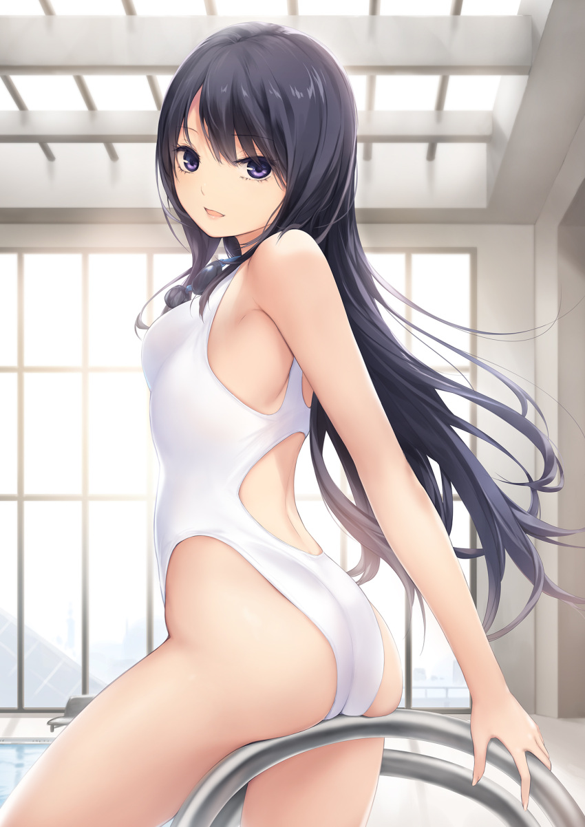 1girl ass bangs bare_arms bare_shoulders black_hair breasts coffee-kizoku commentary_request eyebrows_visible_through_hair fingernails from_side goggles goggles_around_neck highleg highleg_swimsuit highres indoors long_hair looking_at_viewer medium_breasts one-piece_swimsuit open_mouth original pool pool_ladder shiny shiny_hair shiny_skin shiramine_rika smile swimsuit thighs violet_eyes water white_swimsuit