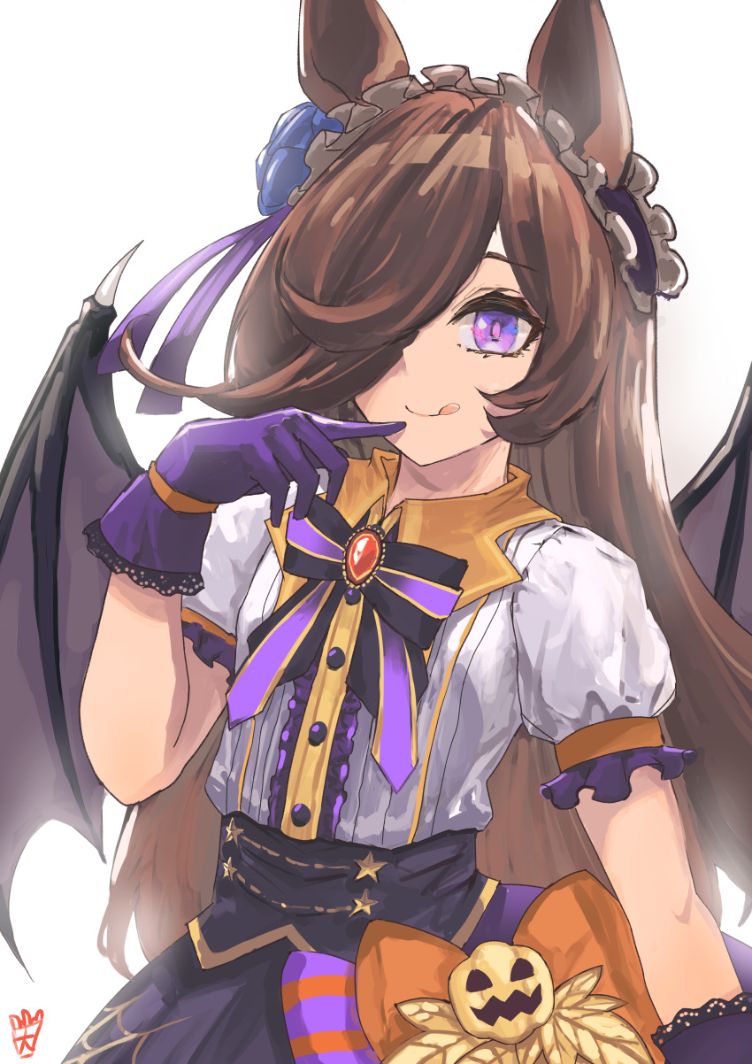 1girl :q absurdres animal_ears artist_logo bangs black_skirt bow brown_hair brown_wings center_frills closed_mouth collared_shirt commentary_request demon_wings dress_shirt eyebrows_visible_through_hair frills gloves hair_over_one_eye halloween hand_up highres horse_ears lace-trimmed_gloves lace_trim long_hair looking_at_viewer ootato orange_bow puffy_short_sleeves puffy_sleeves purple_gloves rice_shower_(umamusume) shirt short_sleeves simple_background skirt smile solo tongue tongue_out umamusume very_long_hair violet_eyes white_background white_shirt wings