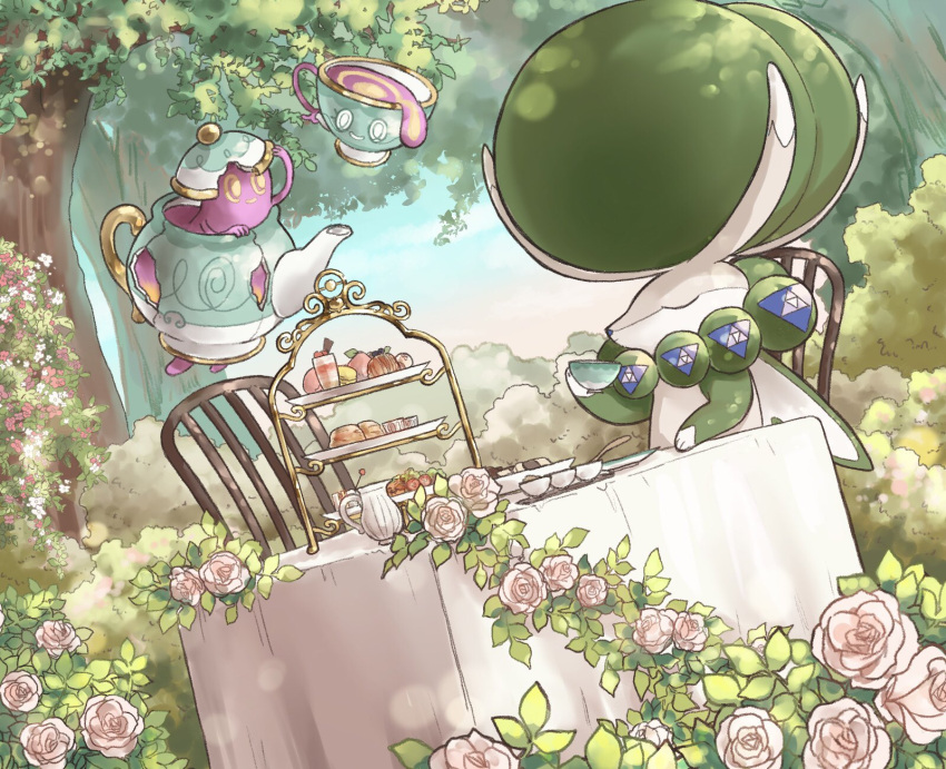 bush calyrex chair closed_eyes closed_mouth commentary_request cup flower highres holding holding_cup leaf legendary_pokemon pokemon pokemon_(creature) polteageist ringo_cha sinistea sitting table teacup teapot tree