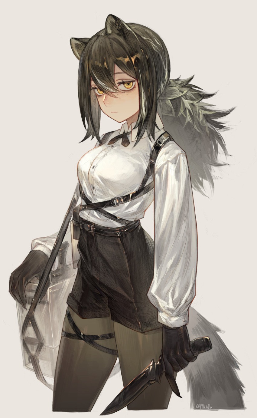 1girl absurdres animal_ears animal_hands arknights bag black_legwear black_neckwear black_shorts breasts brown_hair collared_shirt cropped_legs dress_shirt ear_piercing expressionless freckles grey_background hair_between_eyes highres legwear_under_shorts long_hair looking_at_viewer pantyhose piercing pm_611a ponytail raccoon_ears raccoon_girl raccoon_tail robin_(arknights) shirt shorts shoulder_strap sidelocks simple_background small_breasts solo tail twitter_username white_shirt yellow_eyes